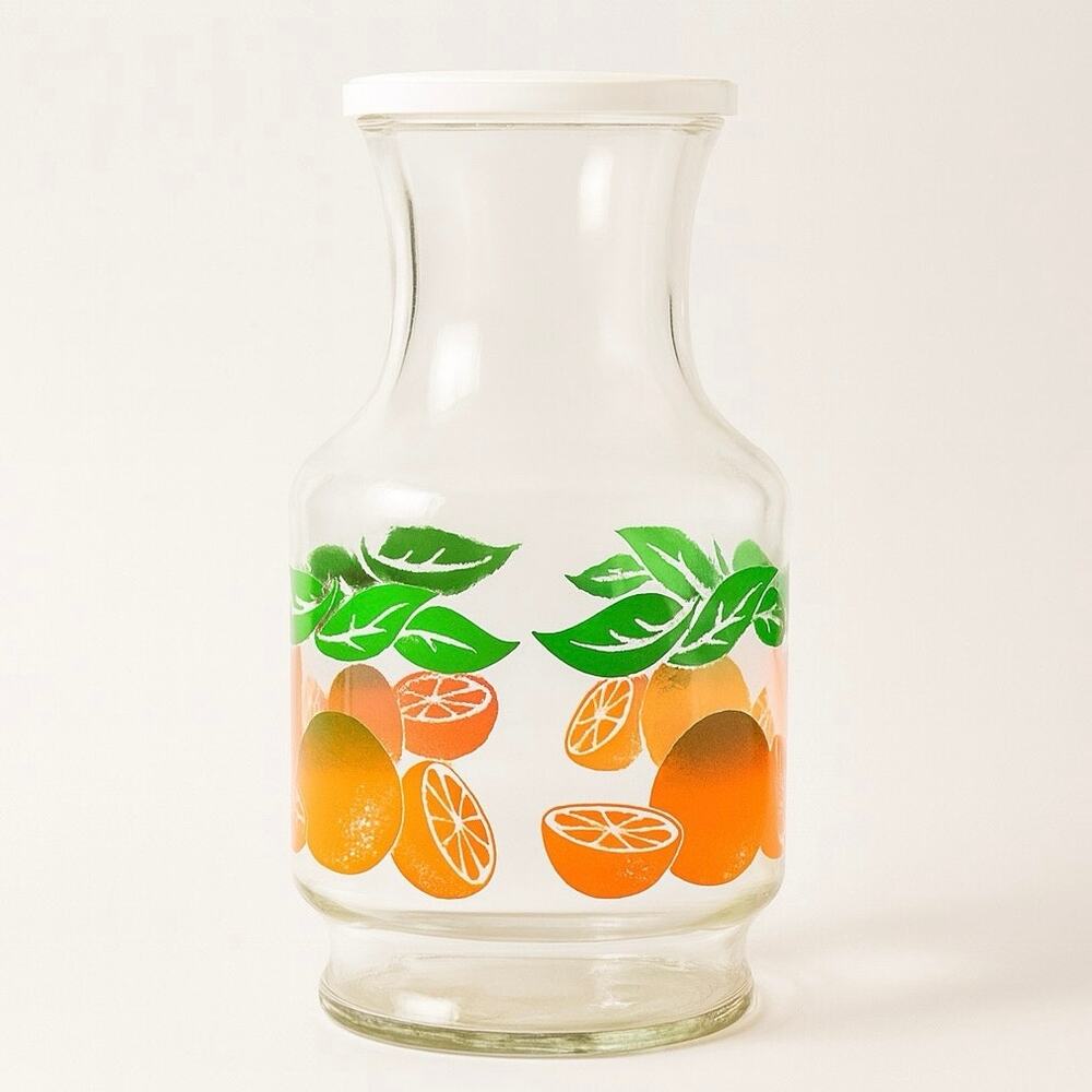 Vintage Citrus Juice Carafe‎ with Lid – Orange & Green Fruit Print – 9” Tall